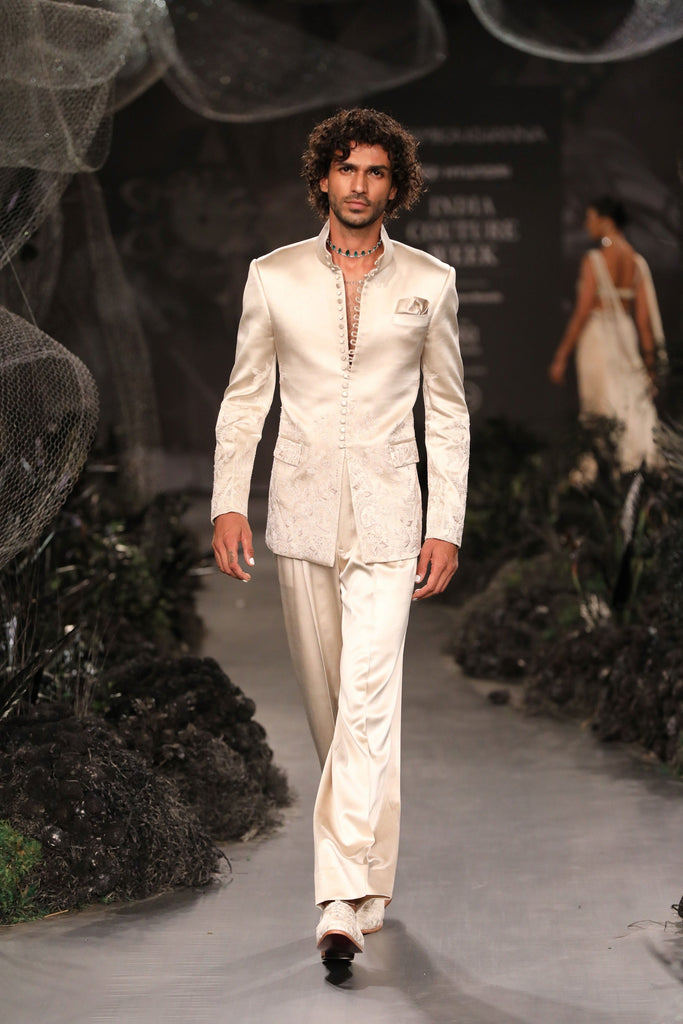 Bird Calico Placement Embroidery Bandhgala