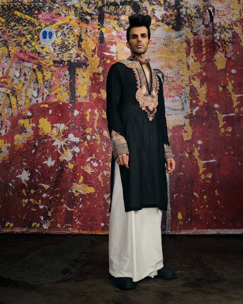 Strips Kurta With Tribal Yoke Embroidery