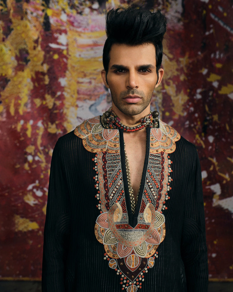 Strips Kurta With Tribal Yoke Embroidery