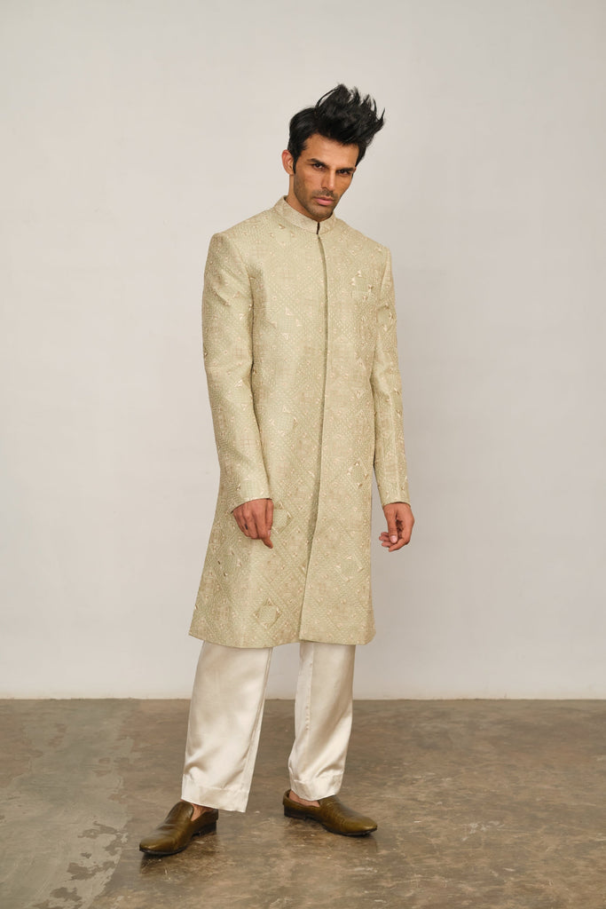 Grid Embroidery Sherwani Set